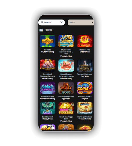 Grid of slot game thumbnails including Penguin King and Deep Sea Mafia
